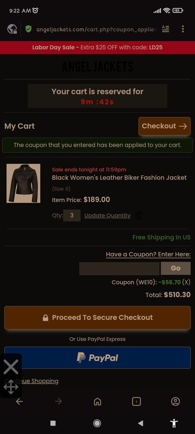 Angel Jackets checkout page showing Angel Jackets coupon code box | Screenshot taken by SimplyCodes community member on Sep 1, 2025