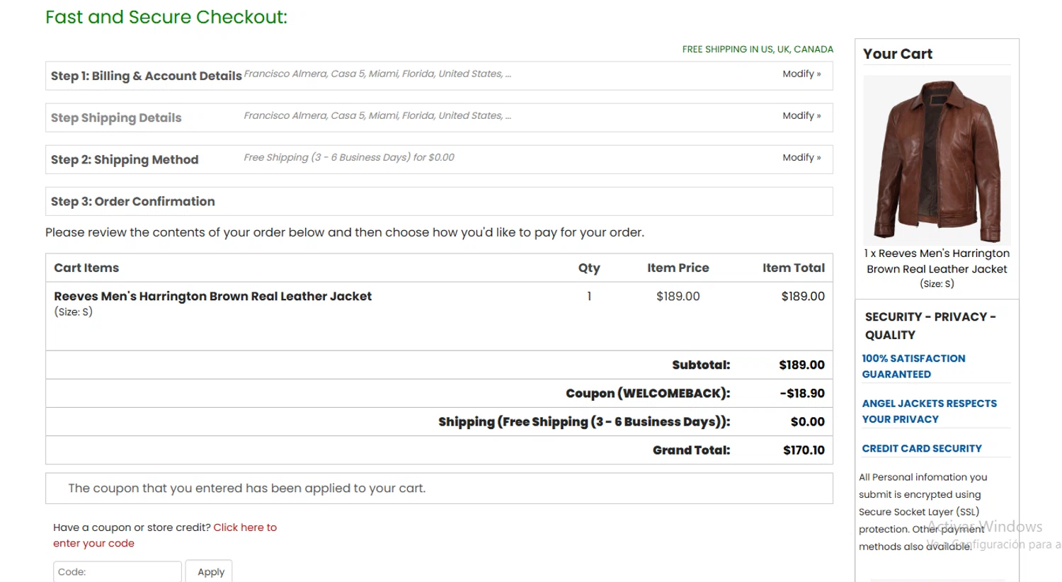 Angel Jackets coupon code screenshot showing code welcomeback applied at Angel Jackets checkout page. Uploaded by SimplyCodes community member Francisco on Jun 24, 2025