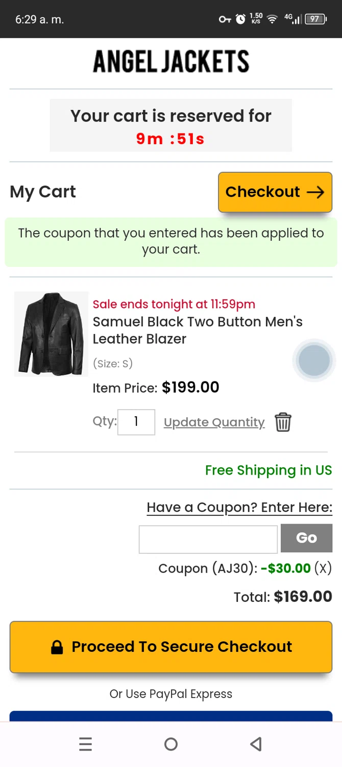 Angel Jackets coupon code screenshot showing code AJ30 applied at Angel Jackets checkout page. Uploaded by SimplyCodes community member Anthony_Diaz on Jul 5, 2025