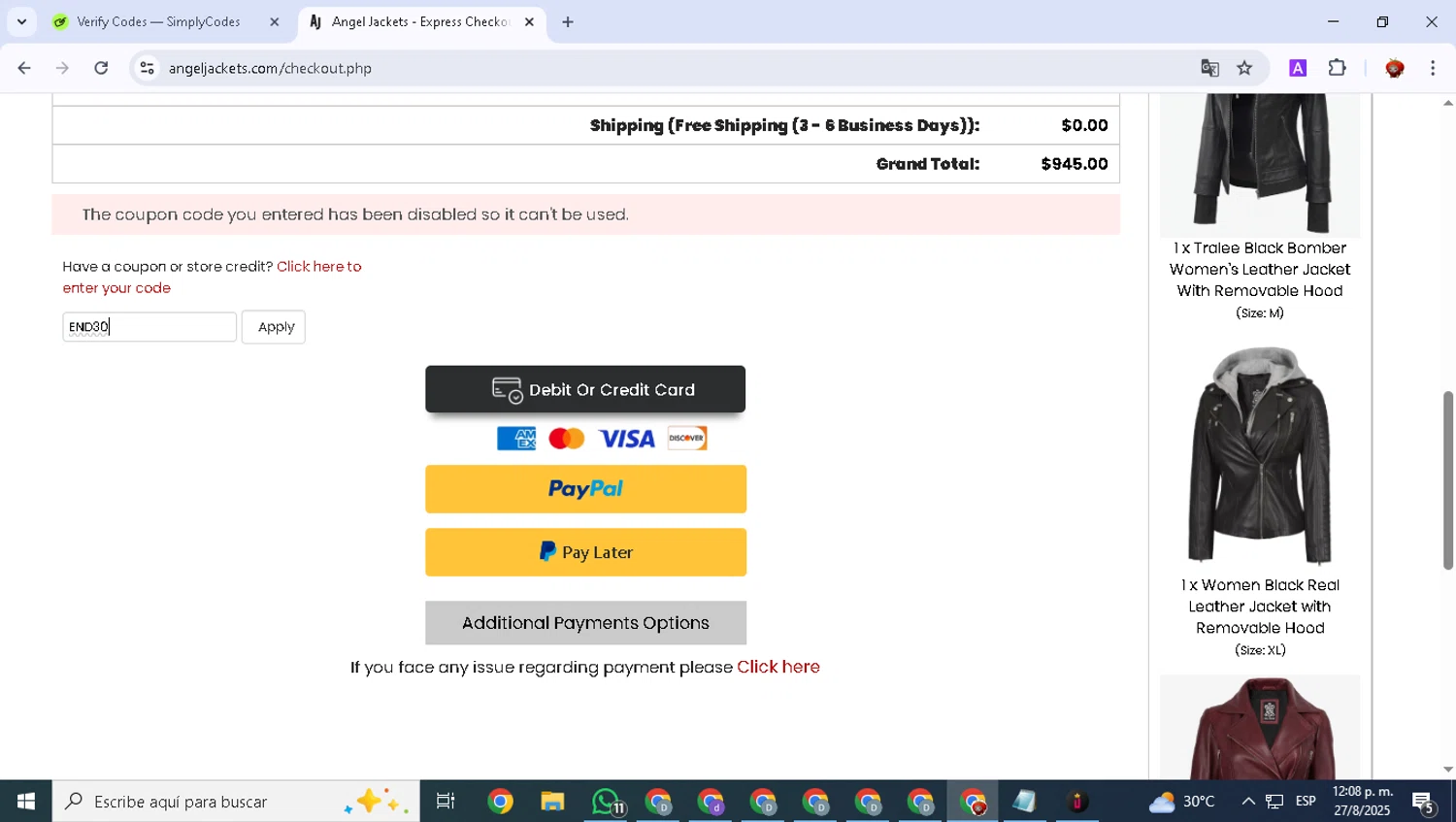 Angel Jackets coupon code screenshot showing code END30 applied at Angel Jackets checkout page. Uploaded by SimplyCodes community member BonusVoyager7570 on Aug 27, 2025