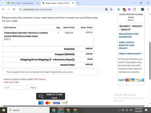 Angel Jackets checkout page showing Angel Jackets coupon code box | Screenshot taken by SimplyCodes community member on Jul 29, 2025