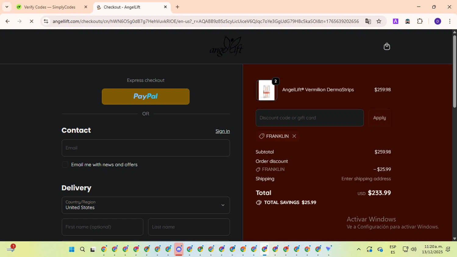 AngelLift discount code screenshot showing code FRANKLIN applied at AngelLift checkout page. Uploaded by SimplyCodes community member PromoLion4240 on Dec 13, 2025
