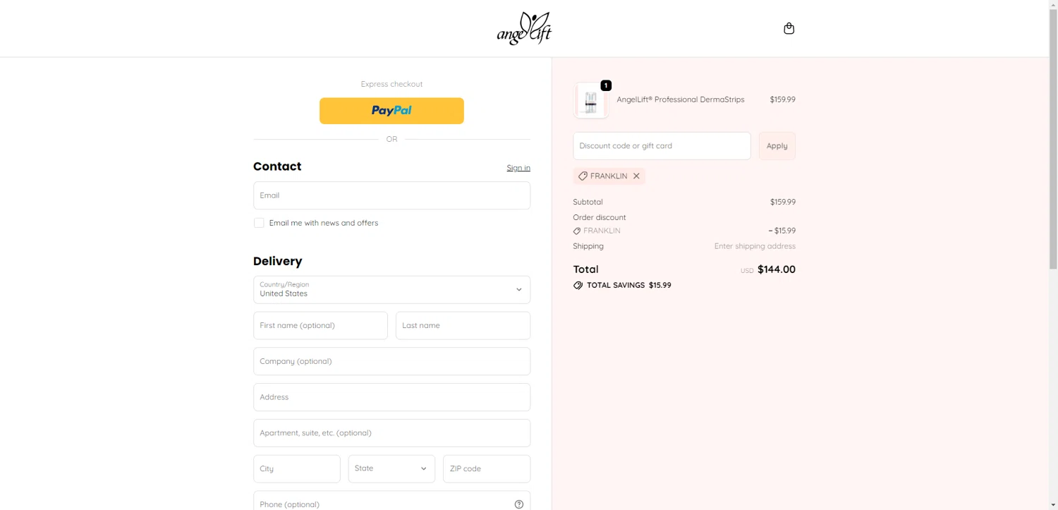 AngelLift discount code screenshot showing code FRANKLIN applied at AngelLift checkout page. Uploaded by SimplyCodes community member RewardTitan728 on Dec 8, 2025