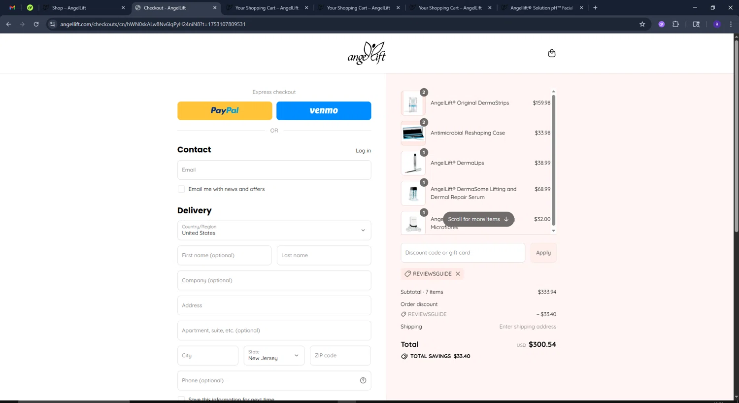 AngelLift discount code screenshot showing code REVIEWSGUIDE applied at AngelLift checkout page. Uploaded by SimplyCodes community member CashCollector4199 on Jul 21, 2025