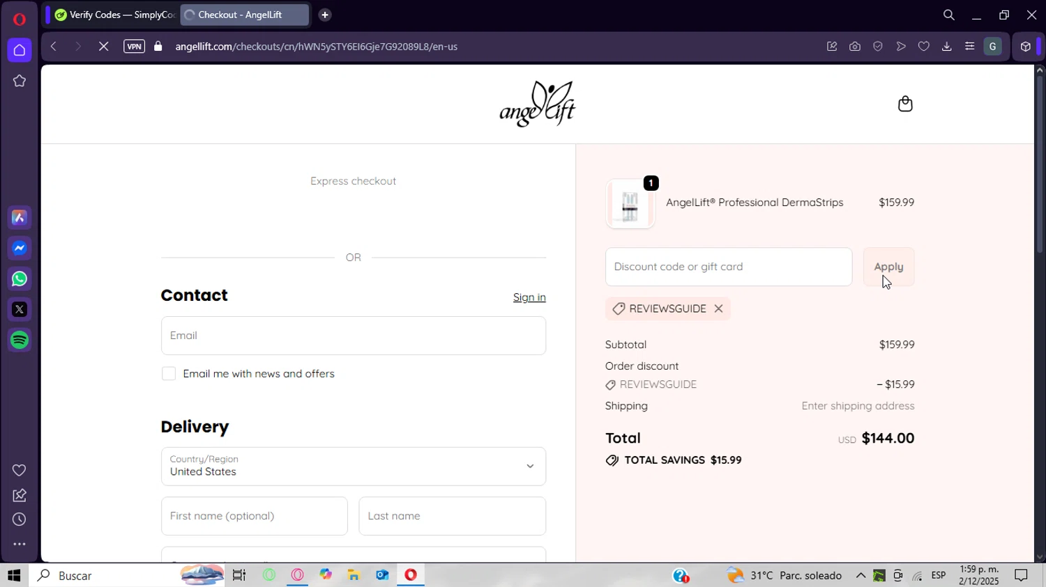 AngelLift discount code screenshot showing code REVIEWSGUIDE applied at AngelLift checkout page. Uploaded by SimplyCodes community member CrownWizard8571 on Dec 2, 2025