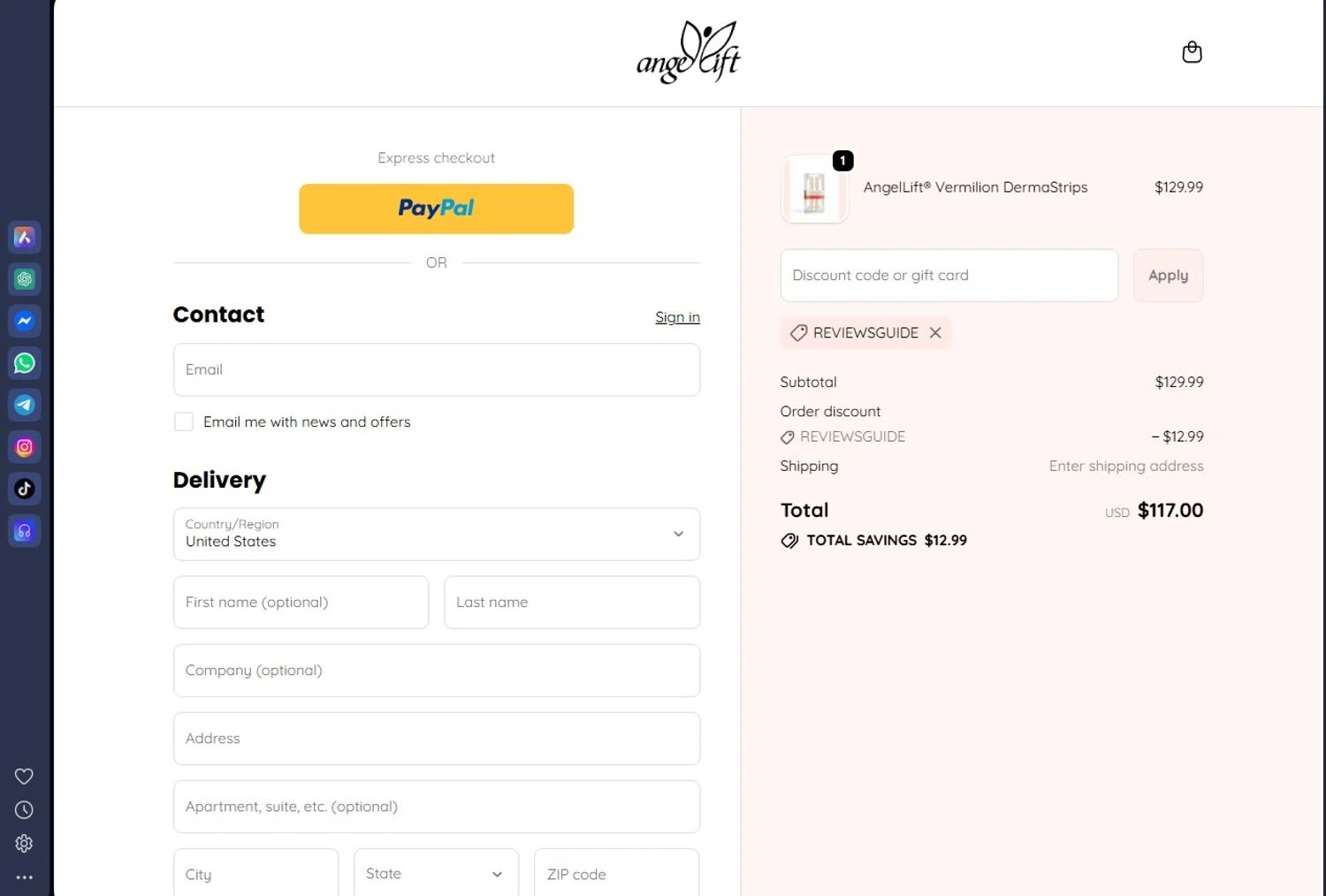 AngelLift discount code screenshot showing code REVIEWSGUIDE applied at AngelLift checkout page. Uploaded by SimplyCodes community member andrescarreraborges on Oct 1, 2025