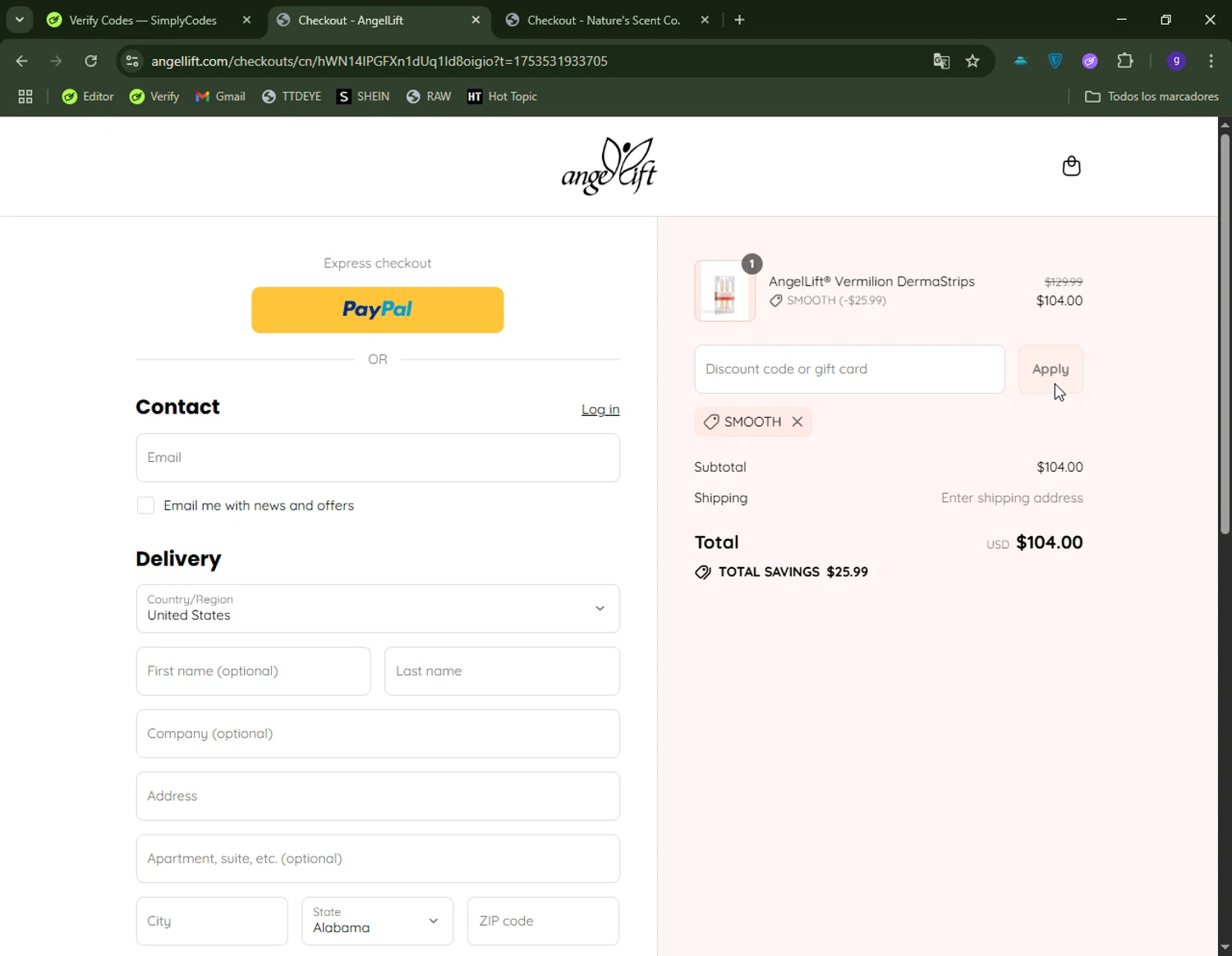 AngelLift discount code screenshot showing code SMOOTH applied at AngelLift checkout page. Uploaded by SimplyCodes community member CapitanCentella on Jul 26, 2025