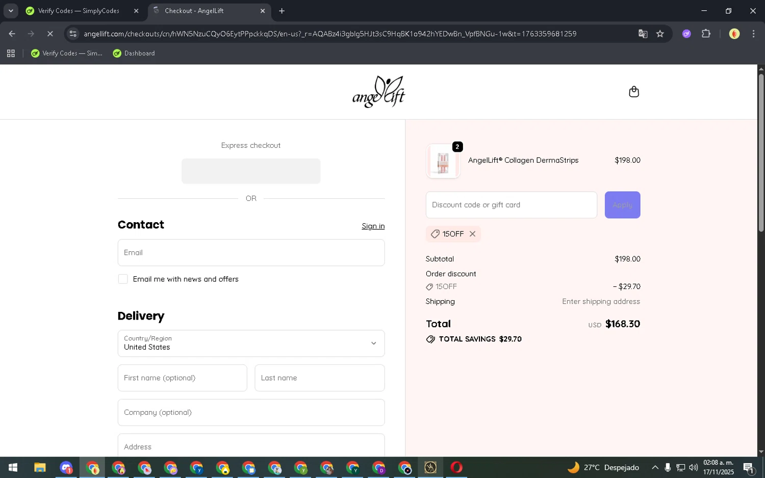 AngelLift discount code screenshot showing code 15OFF applied at AngelLift checkout page. Uploaded by SimplyCodes community member NobleCurator2111 on Nov 17, 2025