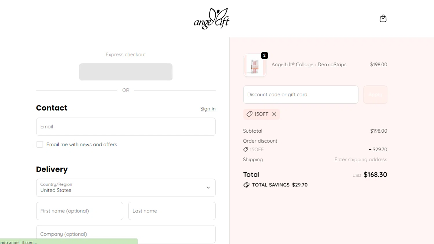 AngelLift discount code screenshot showing code 15OFF applied at AngelLift checkout page. Uploaded by SimplyCodes community member Ronald13 on Dec 8, 2025