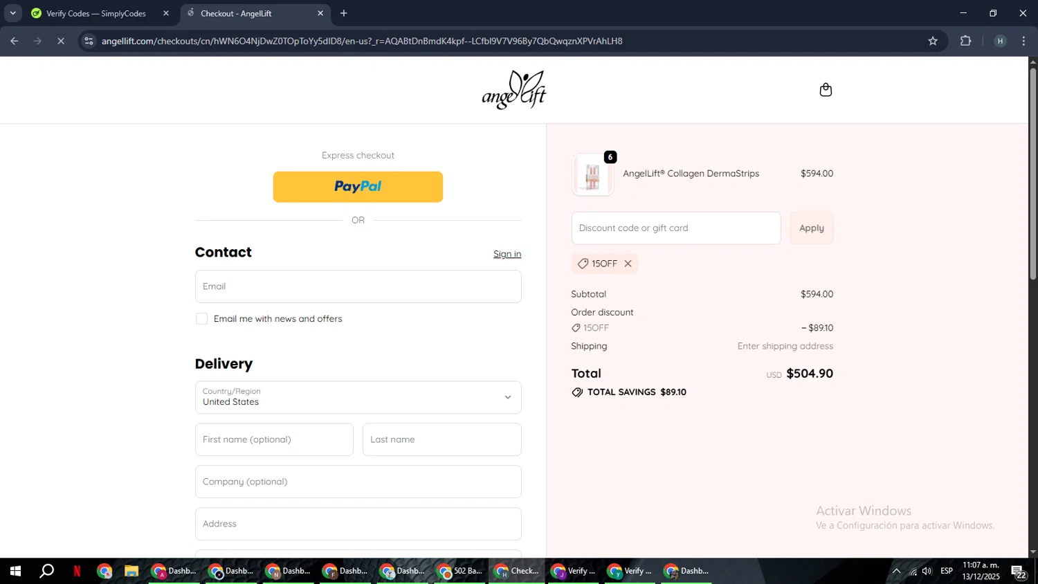 AngelLift discount code screenshot showing code 15OFF applied at AngelLift checkout page. Uploaded by SimplyCodes community member YAMAHA on Dec 13, 2025