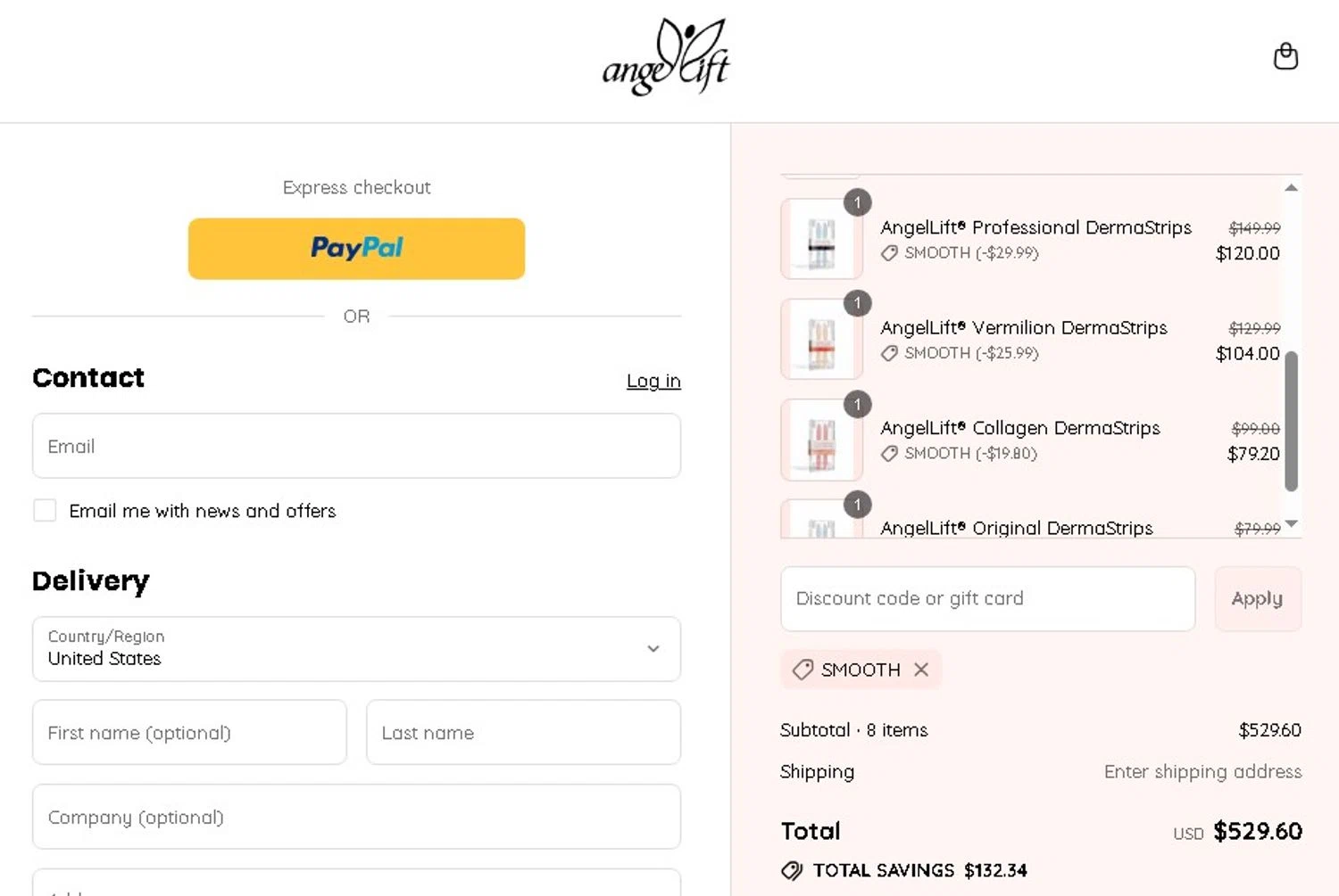 AngelLift discount code screenshot showing code SMOOTH applied at AngelLift checkout page. Uploaded by SimplyCodes community member Elcompa on Jul 26, 2025