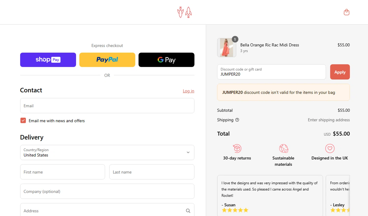 Angel & Rocket promo code screenshot showing code JUMPER20 applied at Angel & Rocket checkout page. Uploaded by SimplyCodes community member VictoriousPilot5369 on May 29, 2025