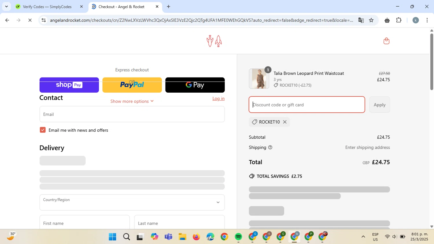 Angel & Rocket promo code screenshot showing code ROCKET10 applied at Angel & Rocket checkout page. Uploaded by SimplyCodes community member ValiantCaptain6560 on Mar 26, 2025