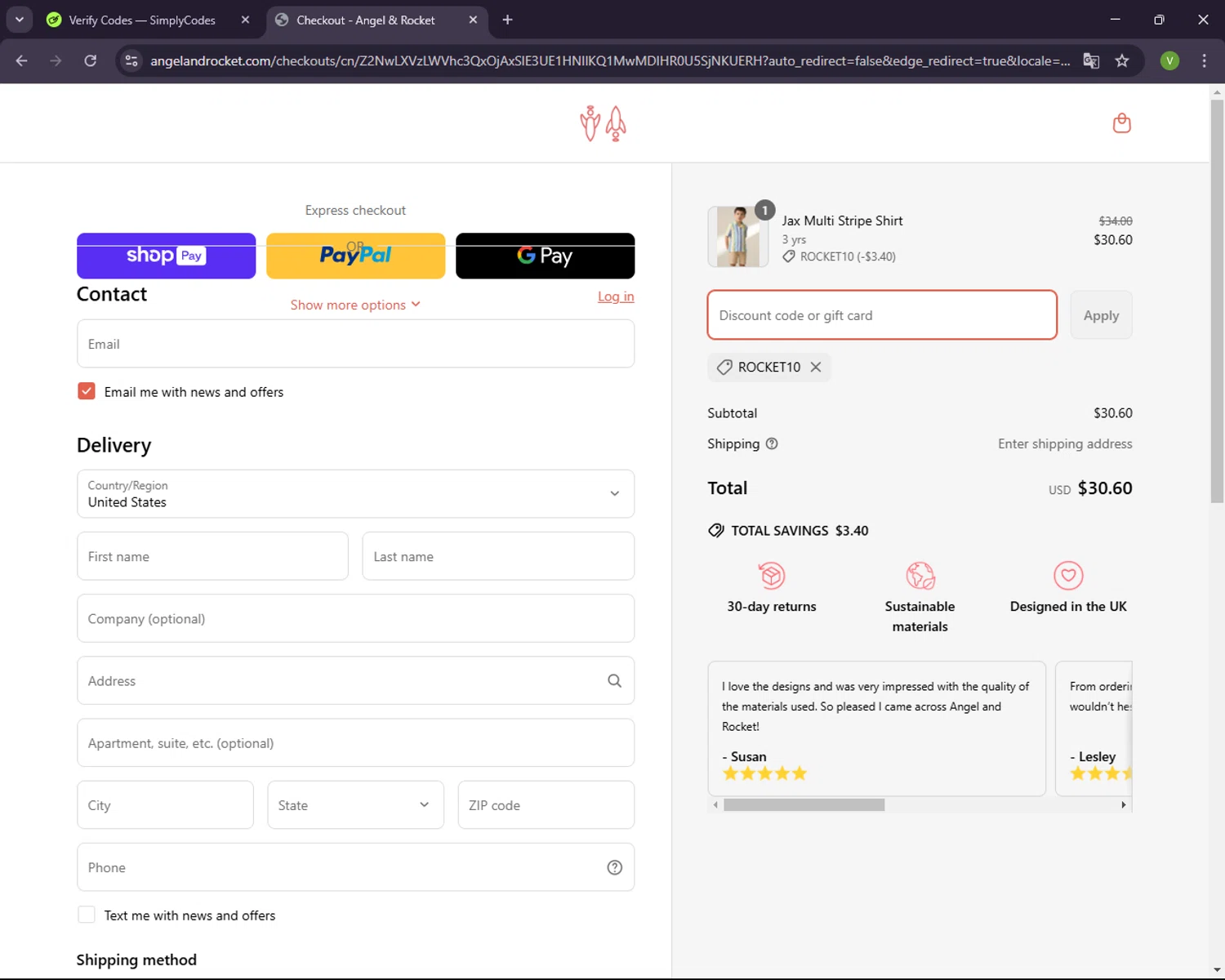 Angel & Rocket promo code screenshot showing code ROCKET10 applied at Angel & Rocket checkout page. Uploaded by SimplyCodes community member CleverNavigator1236 on Mar 25, 2025
