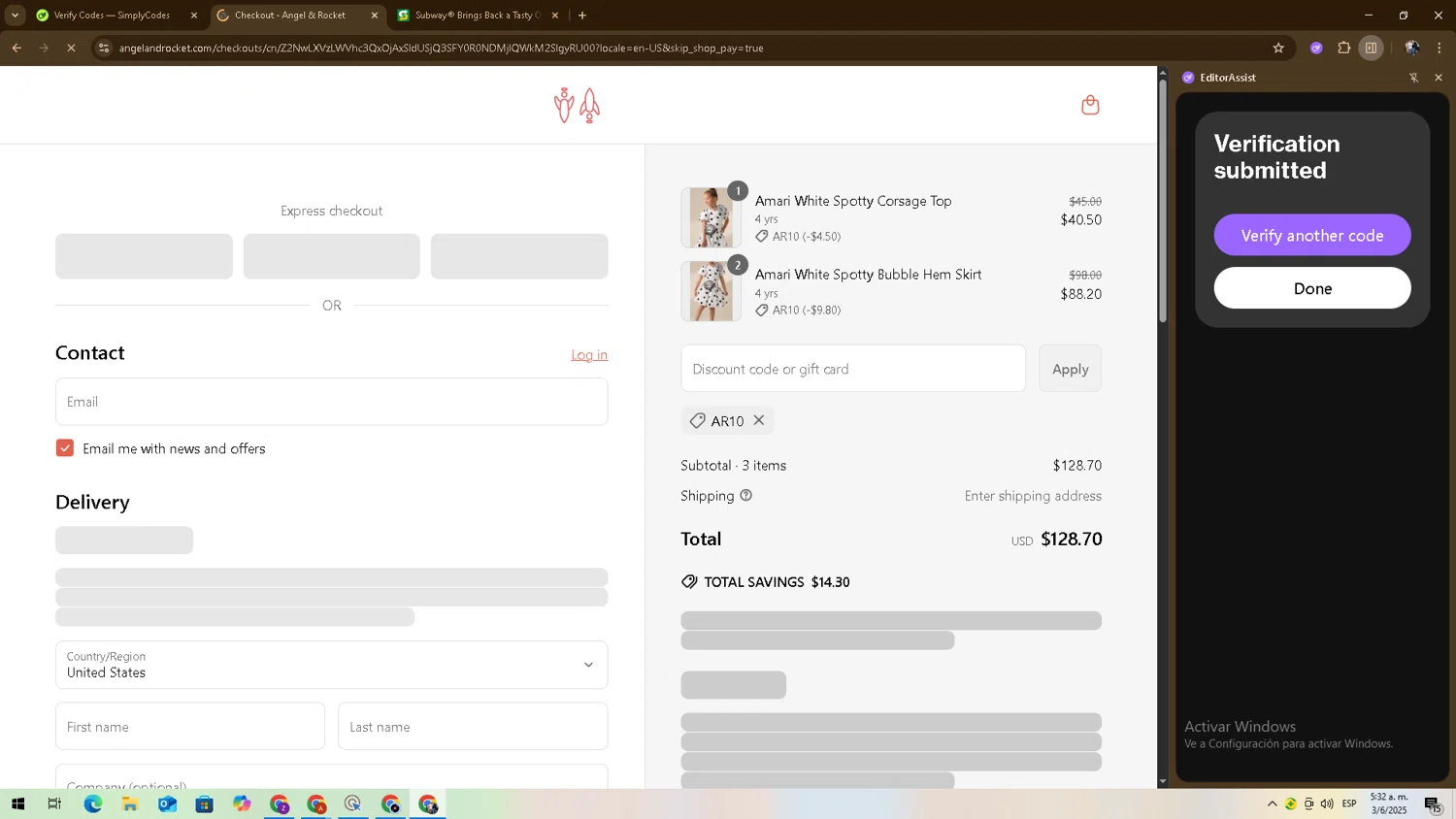 Angel & Rocket promo code screenshot showing code AR10 applied at Angel & Rocket checkout page. Uploaded by SimplyCodes community member 27zxbr on Jun 3, 2025