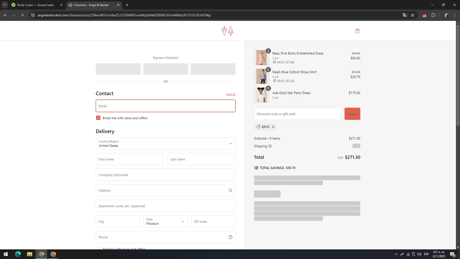Angel & Rocket promo code screenshot showing code AR10 applied at Angel & Rocket checkout page. Uploaded by SimplyCodes community member TUNGTUNG on Jan 22, 2025