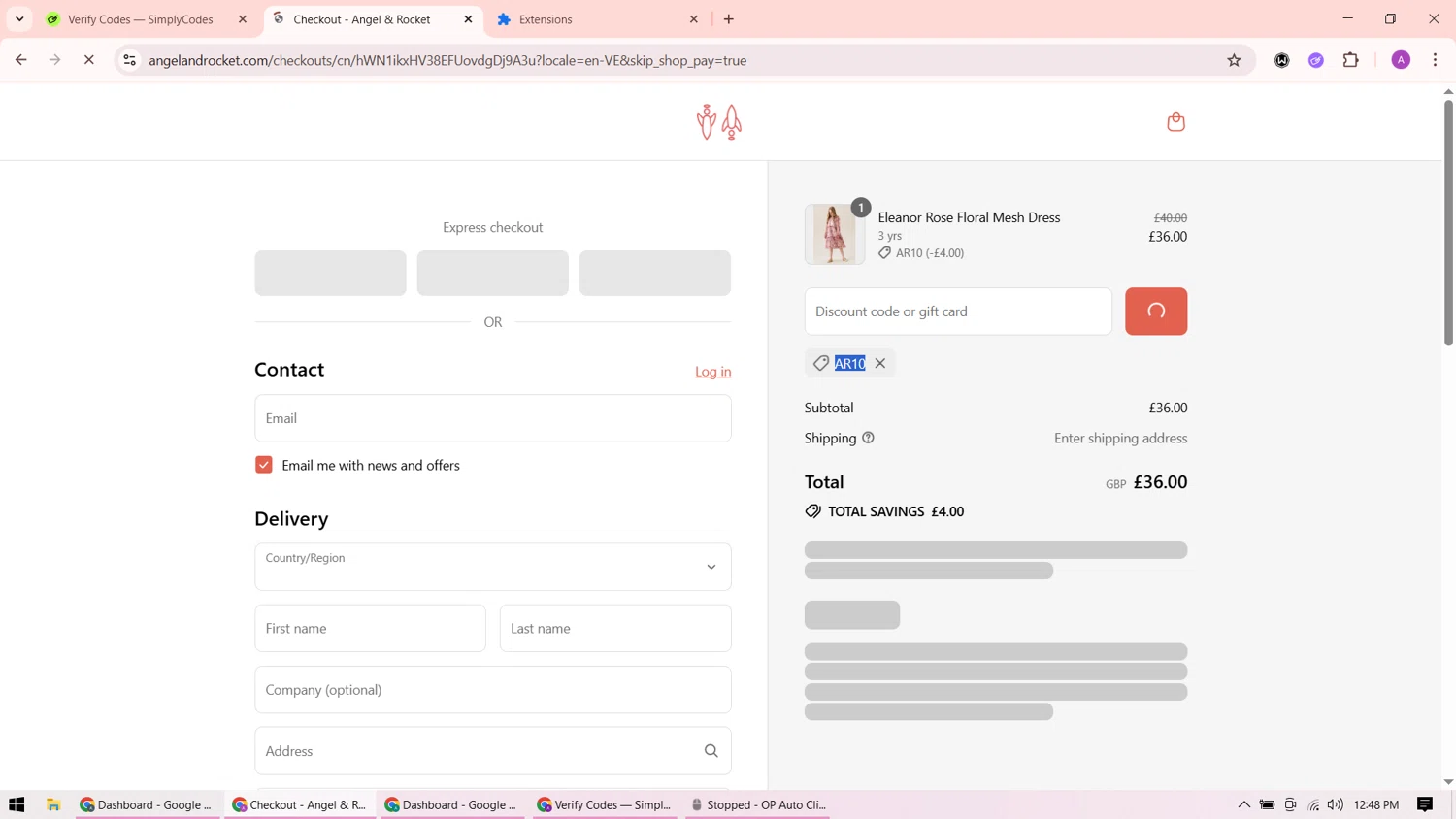Angel & Rocket promo code screenshot showing code AR10 applied at Angel & Rocket checkout page. Uploaded by SimplyCodes community member ShrewdMaverick9198 on Aug 12, 2025
