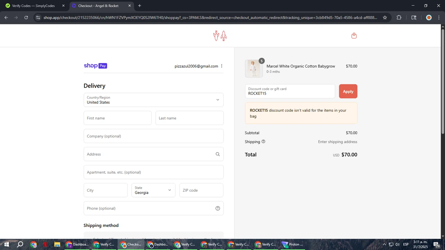 Angel & Rocket promo code screenshot showing code ROCKET15 applied at Angel & Rocket checkout page. Uploaded by SimplyCodes community member BonusCaptain9927 on Jul 31, 2025