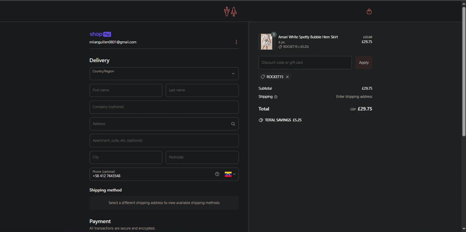Angel & Rocket promo code screenshot showing code ROCKET15 applied at Angel & Rocket checkout page. Uploaded by SimplyCodes community member _Capi_ on Jun 3, 2025