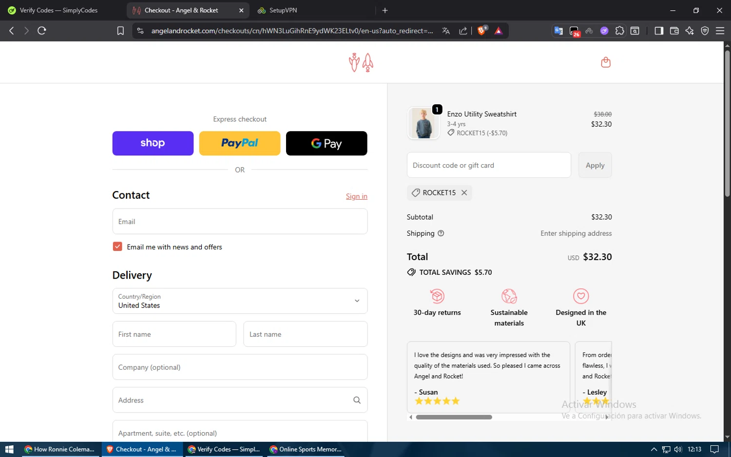 Angel & Rocket promo code screenshot showing code ROCKET15 applied at Angel & Rocket checkout page. Uploaded by SimplyCodes community member usuario500 on Sep 24, 2025