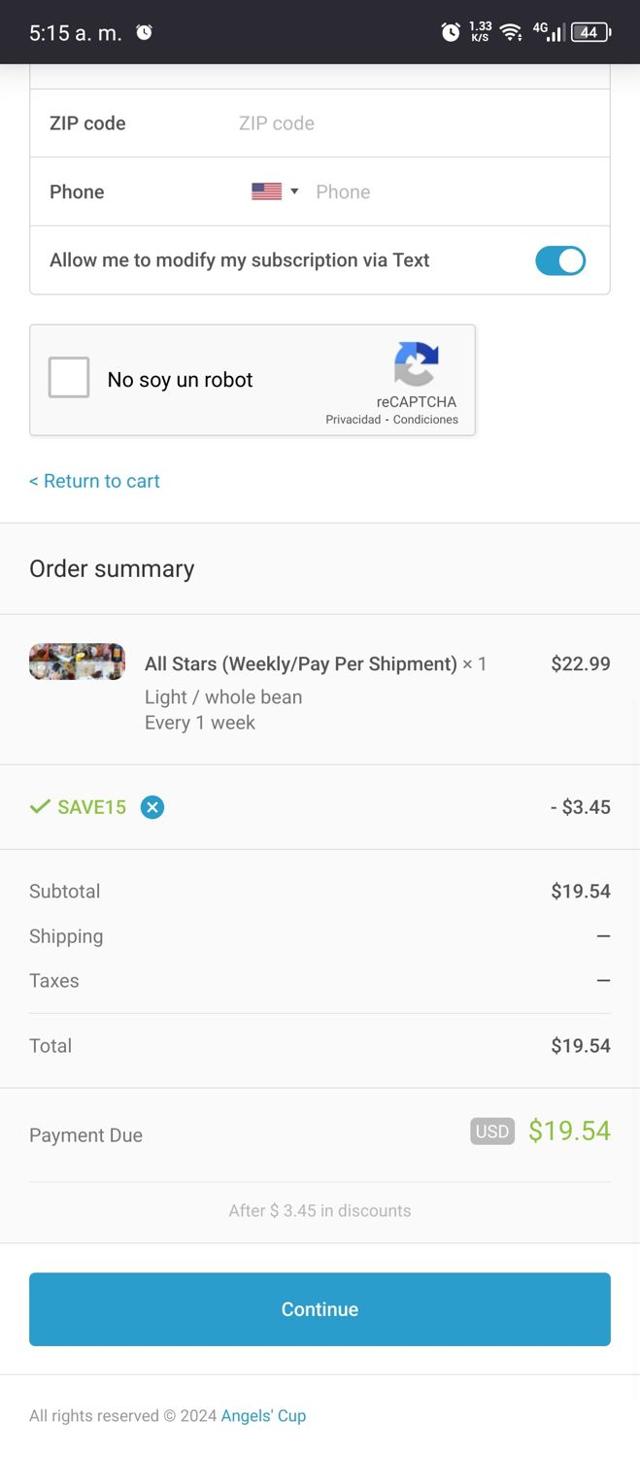 Angel's Cup checkout page showing Angel's Cup promo code box | Screenshot taken by SimplyCodes community member on Apr 19, 2024