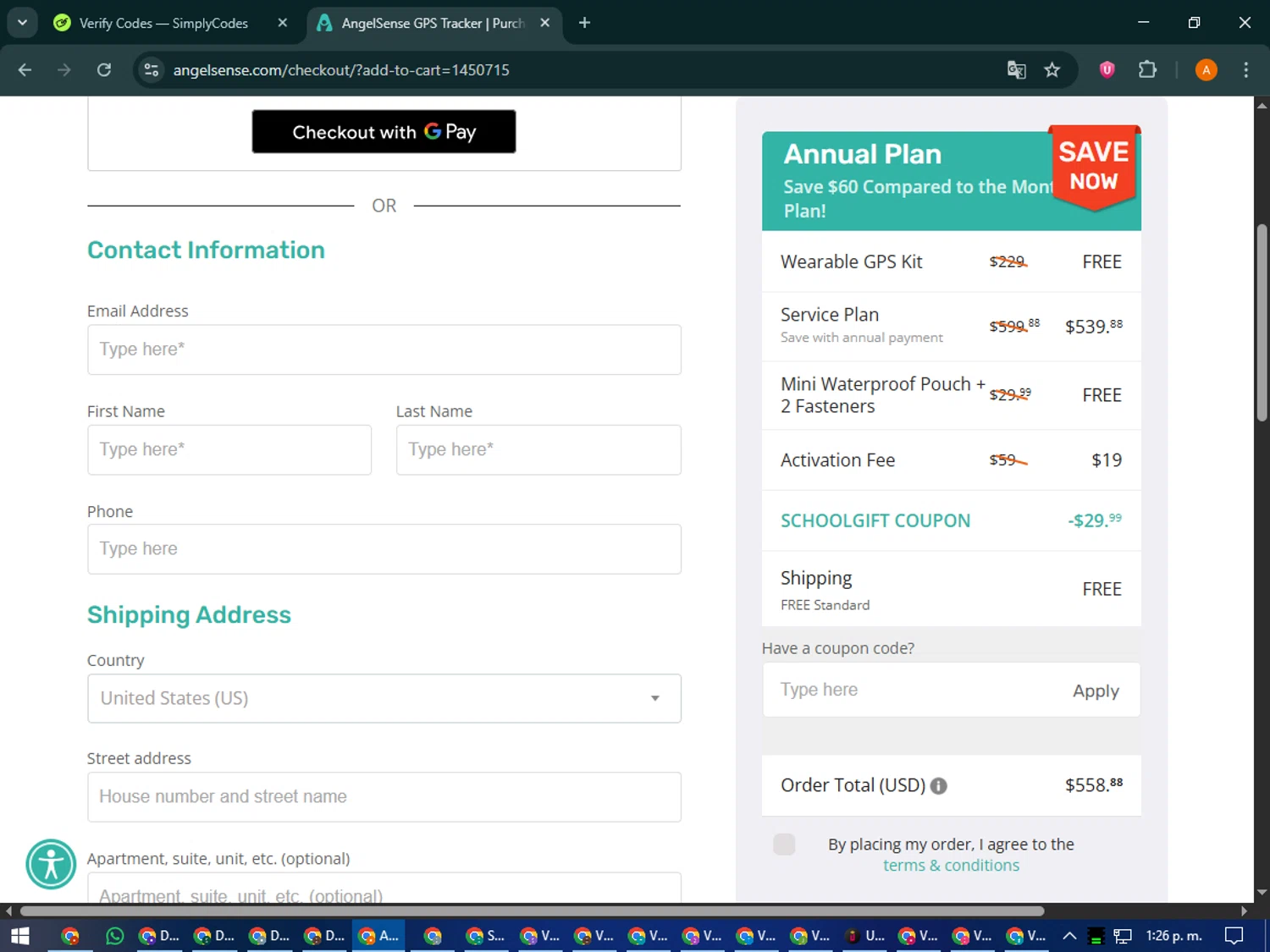 AngelSense coupon code screenshot showing code SCHOOLGIFT applied at AngelSense checkout page. Uploaded by SimplyCodes community member MoneyPhoenix4664 on Oct 23, 2025