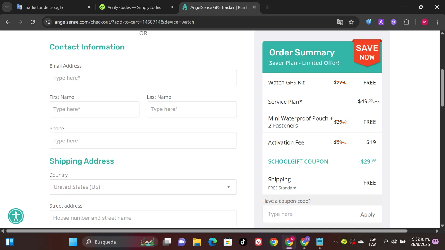 AngelSense coupon code screenshot showing code SCHOOLGIFT applied at AngelSense checkout page. Uploaded by SimplyCodes community member SwiftPioneer1769 on Aug 26, 2025