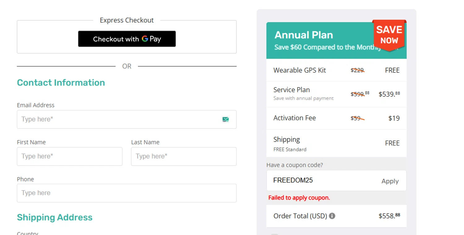 AngelSense coupon code screenshot showing code FREEDOM25 applied at AngelSense checkout page. Uploaded by SimplyCodes community member Juanls04 on Jun 21, 2025