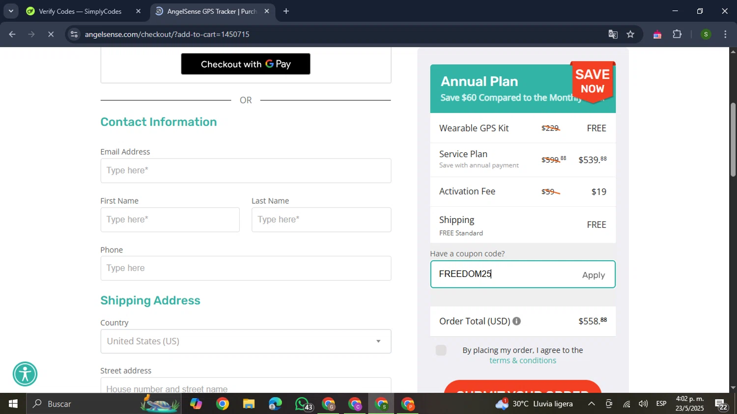 AngelSense coupon code screenshot showing code FREEDOM25 applied at AngelSense checkout page. Uploaded by SimplyCodes community member RewardMaverick445 on May 23, 2025