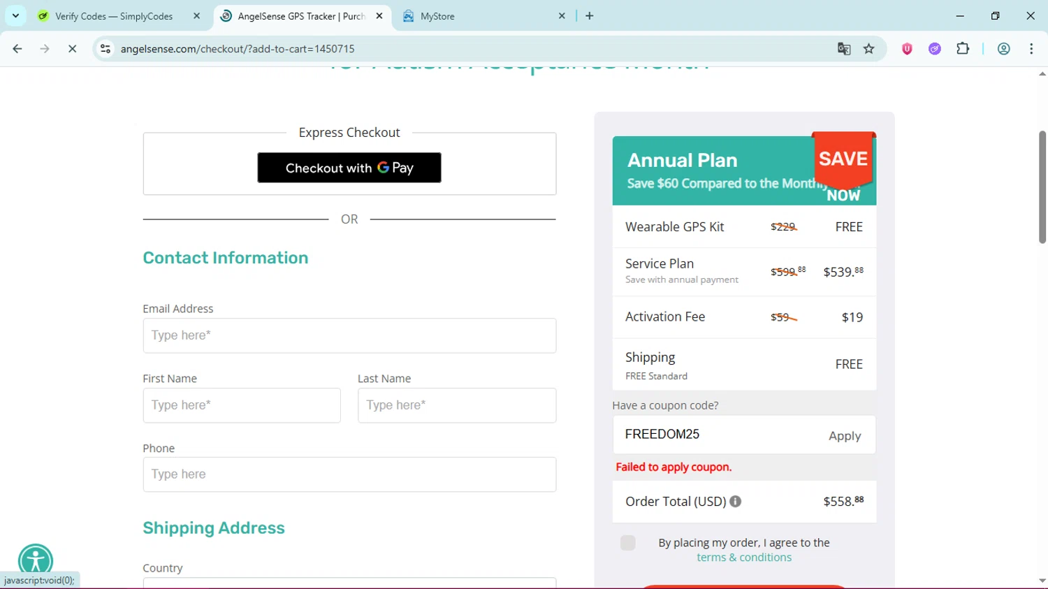 AngelSense coupon code screenshot showing code FREEDOM25 applied at AngelSense checkout page. Uploaded by SimplyCodes community member Simpsince95 on Jun 21, 2025