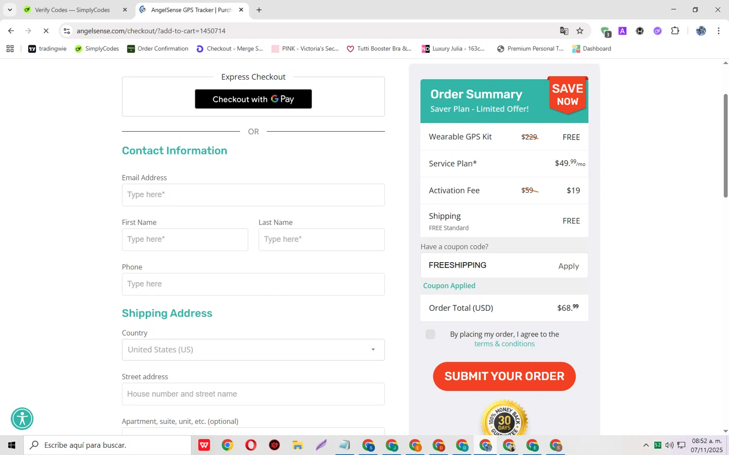 AngelSense coupon code screenshot showing code FREESHIPPING applied at AngelSense checkout page. Uploaded by SimplyCodes community member JoseH45 on Nov 7, 2025