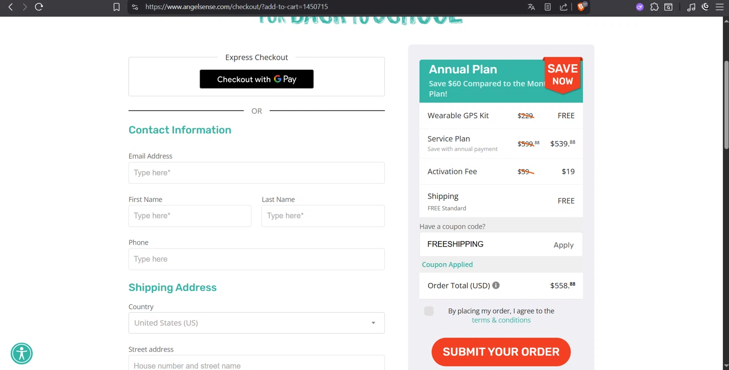 AngelSense coupon code screenshot showing code FREESHIPPING applied at AngelSense checkout page. Uploaded by SimplyCodes community member juanvargas1 on Oct 22, 2025