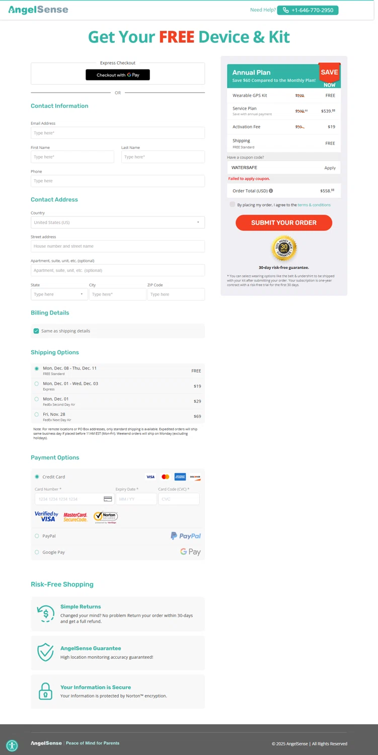 AngelSense coupon code screenshot showing code WATERSAFE applied at AngelSense checkout page. Uploaded by SimplyCodes community member IsabellaMillan on Nov 25, 2025