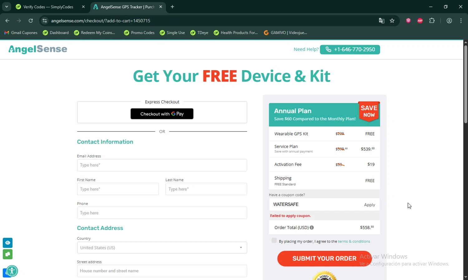 AngelSense coupon code screenshot showing code WATERSAFE applied at AngelSense checkout page. Uploaded by SimplyCodes community member LHaunter on Nov 25, 2025