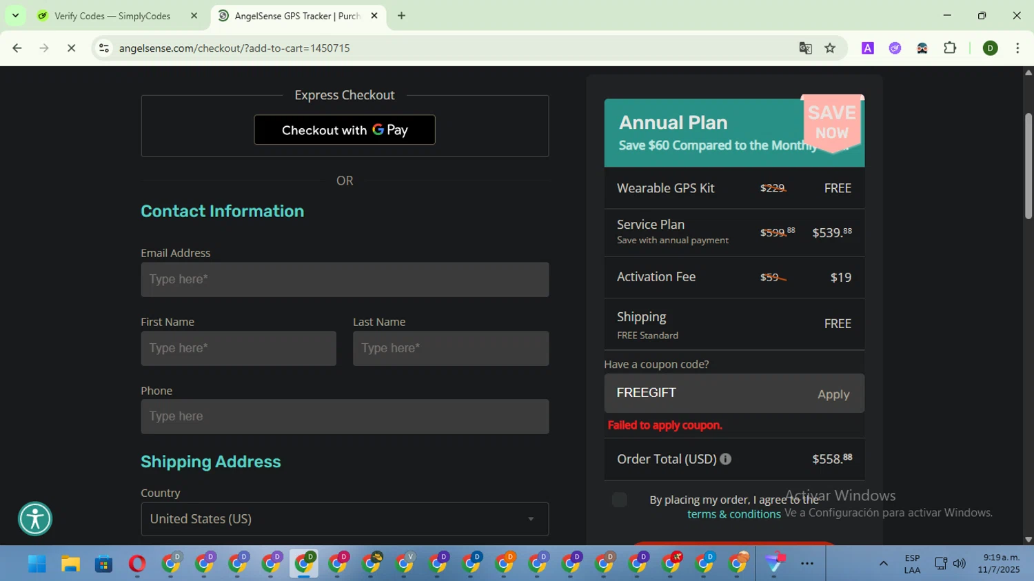 AngelSense coupon code screenshot showing code FREEGIFT applied at AngelSense checkout page. Uploaded by SimplyCodes community member BargainGuardian5495 on Jul 11, 2025