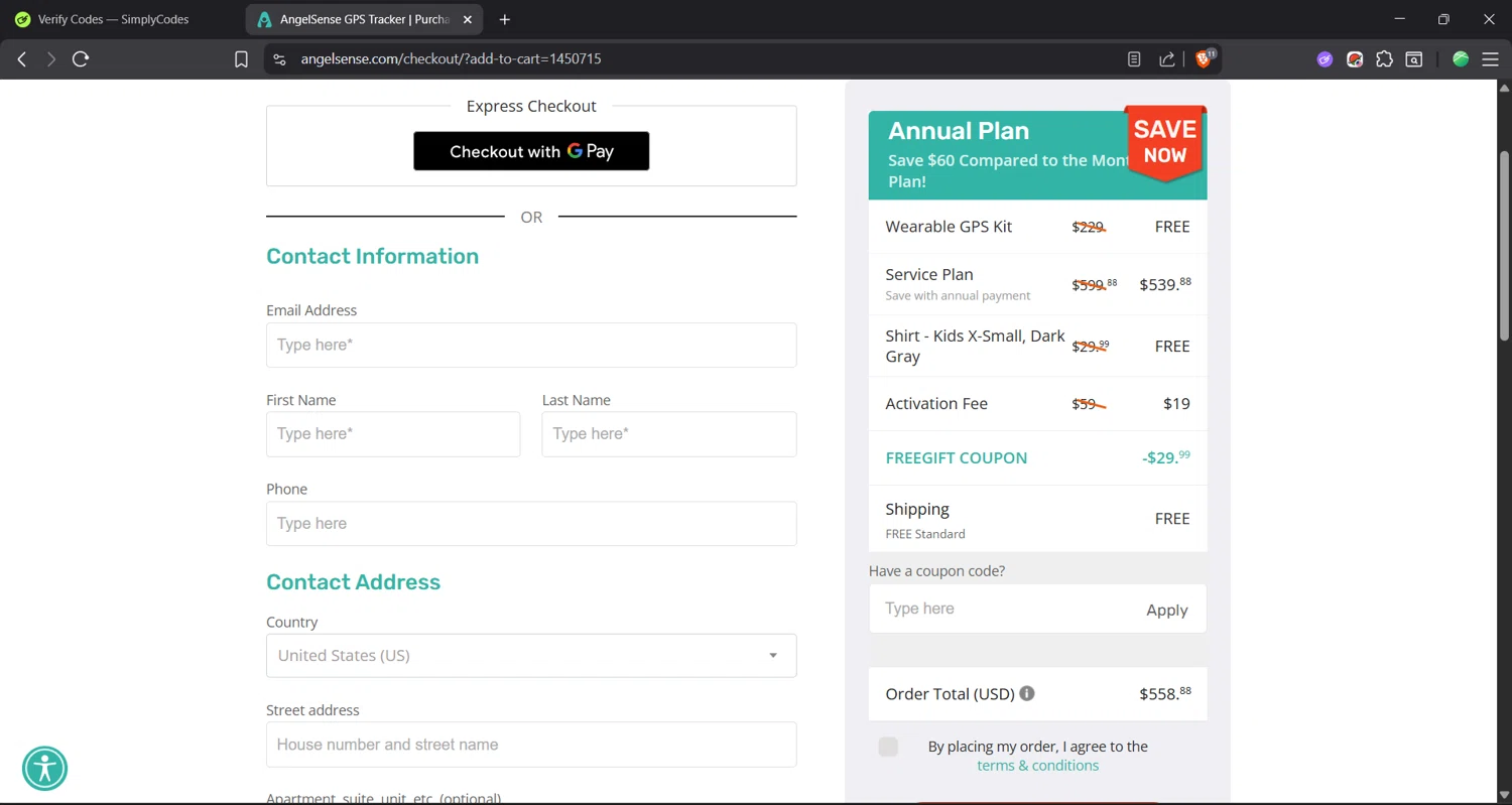 AngelSense coupon code screenshot showing code FREEGIFT applied at AngelSense checkout page. Uploaded by SimplyCodes community member Focus_123 on Nov 26, 2025