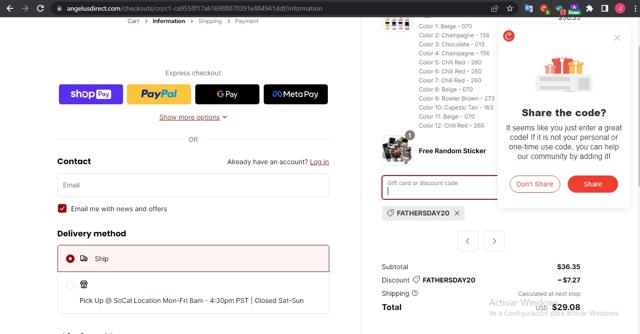 Angelus Direct checkout page showing Angelus Direct discount code box | Screenshot taken by SimplyCodes community member on Jun 16, 2023