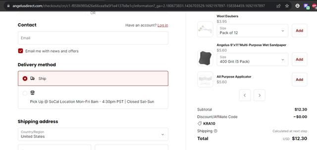 Angelus Direct checkout page showing Angelus Direct discount code box | Screenshot taken by SimplyCodes community member on Aug 16, 2023
