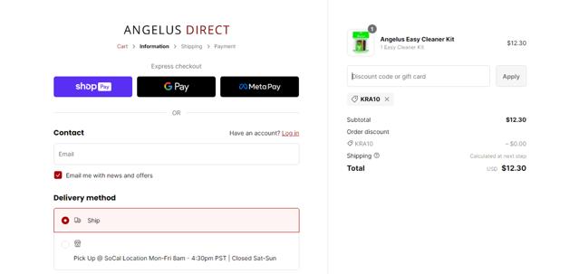 Angelus Direct checkout page showing Angelus Direct discount code box | Screenshot taken by SimplyCodes community member on Sep 22, 2023
