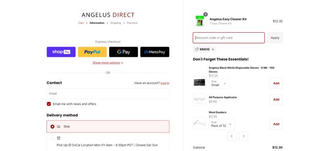 Angelus Direct checkout page showing Angelus Direct discount code box | Screenshot taken by SimplyCodes community member on Sep 14, 2023