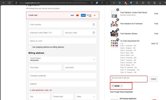 Angelus Direct checkout page showing Angelus Direct discount code box | Screenshot taken by SimplyCodes community member on Dec 12, 2023