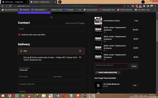 Angelus Direct checkout page showing Angelus Direct discount code box | Screenshot taken by SimplyCodes community member on Dec 23, 2023