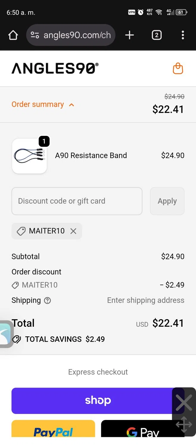 Angles90 discount code screenshot showing code MAITER10 applied at Angles90 checkout page. Uploaded by SimplyCodes community member Diego_Soto on Oct 28, 2025