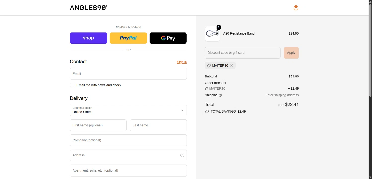 Angles90 discount code screenshot showing code MAITER10 applied at Angles90 checkout page. Uploaded by SimplyCodes community member Lorencia on Oct 24, 2025