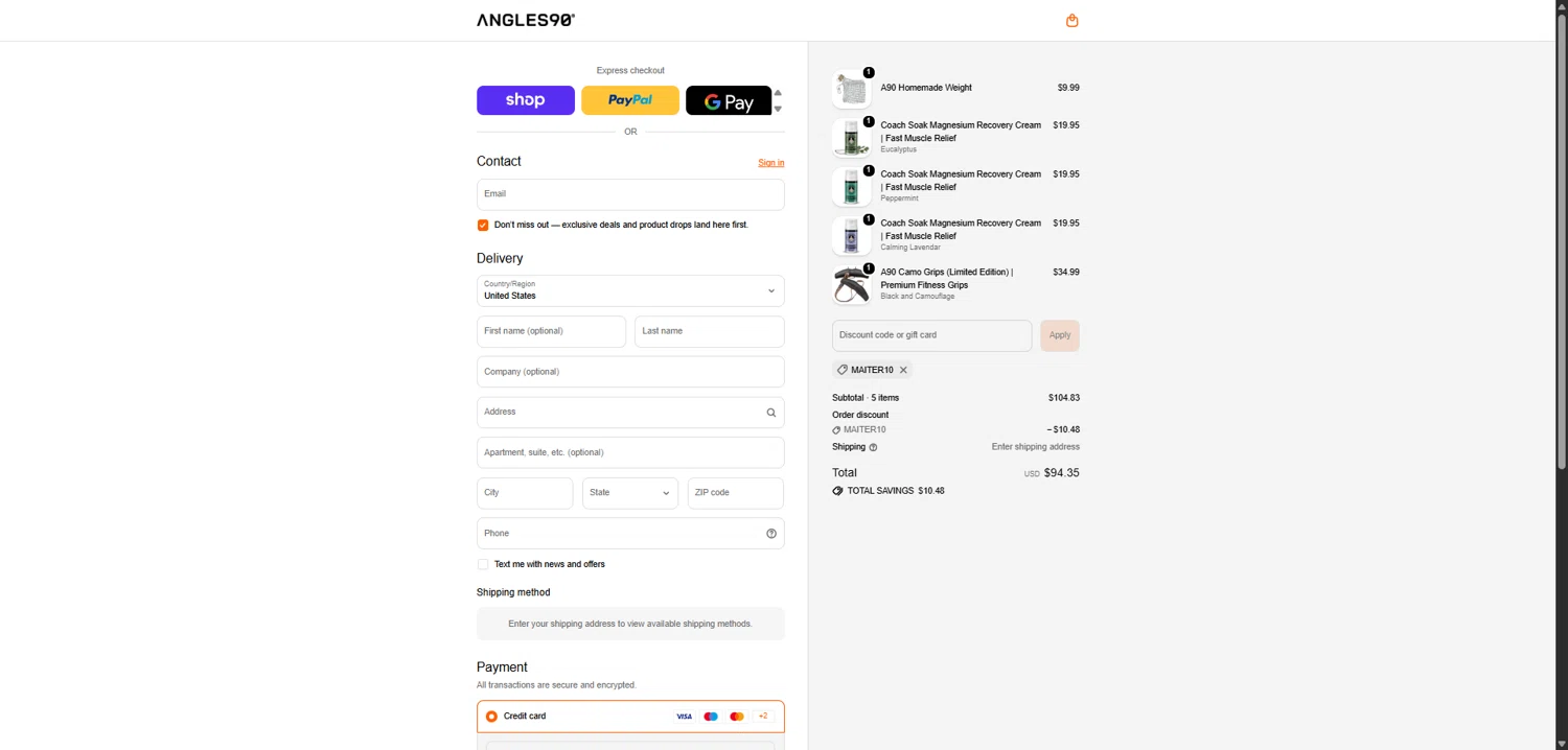 Angles90 checkout page showing Angles90 discount code box | Screenshot taken by SimplyCodes community member on Feb 10, 2026