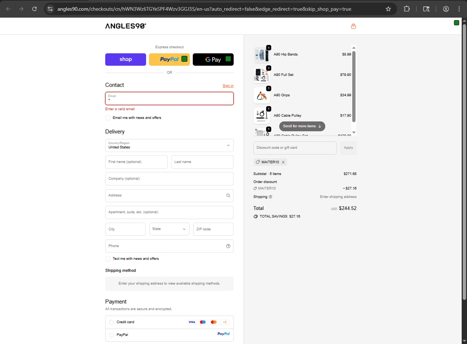 Angles90 discount code screenshot showing code MAITER10 applied at Angles90 checkout page. Uploaded by SimplyCodes community member kaiserser on Sep 29, 2025