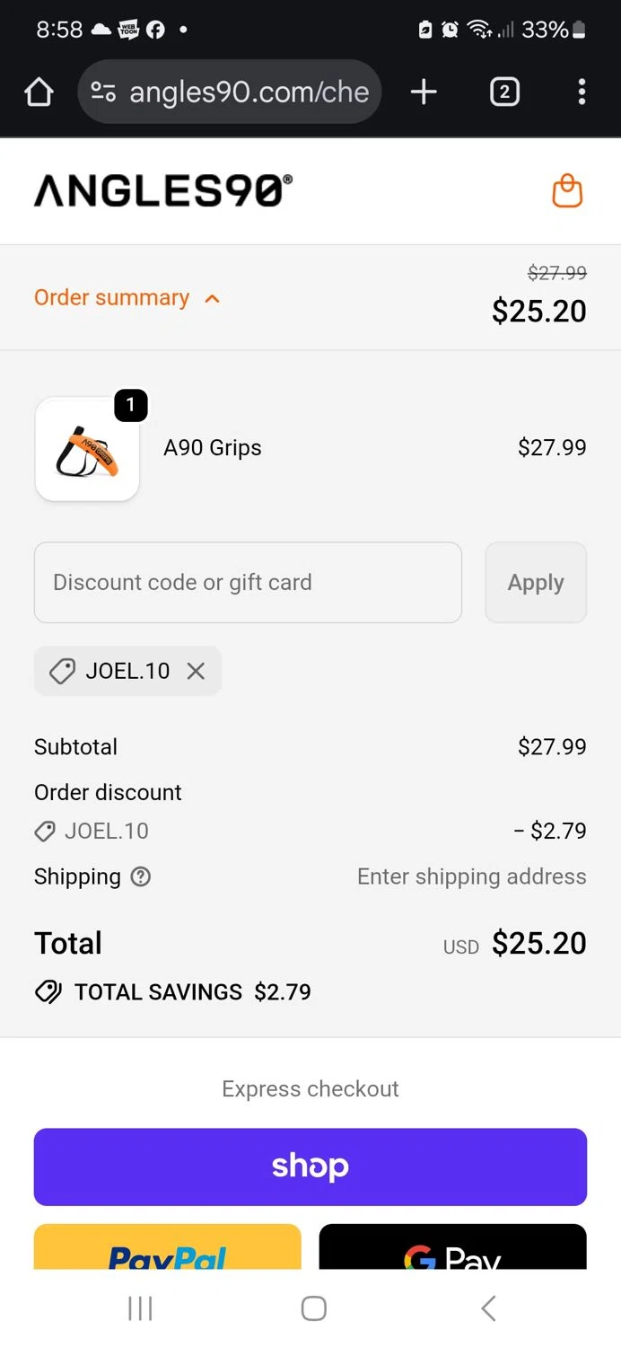 Angles90 discount code screenshot showing code JOEL.10 applied at Angles90 checkout page. Uploaded by SimplyCodes community member ThriftyWarden2534 on Nov 26, 2025