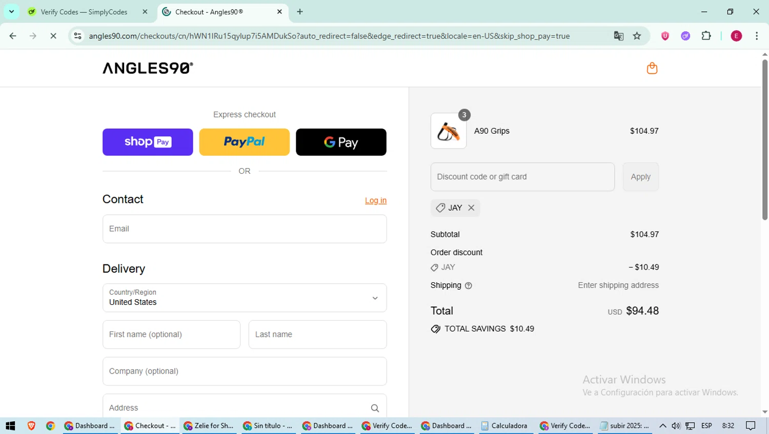 Angles90 discount code screenshot showing code JAY applied at Angles90 checkout page. Uploaded by SimplyCodes community member BrilliantWhiz4434 on Aug 1, 2025