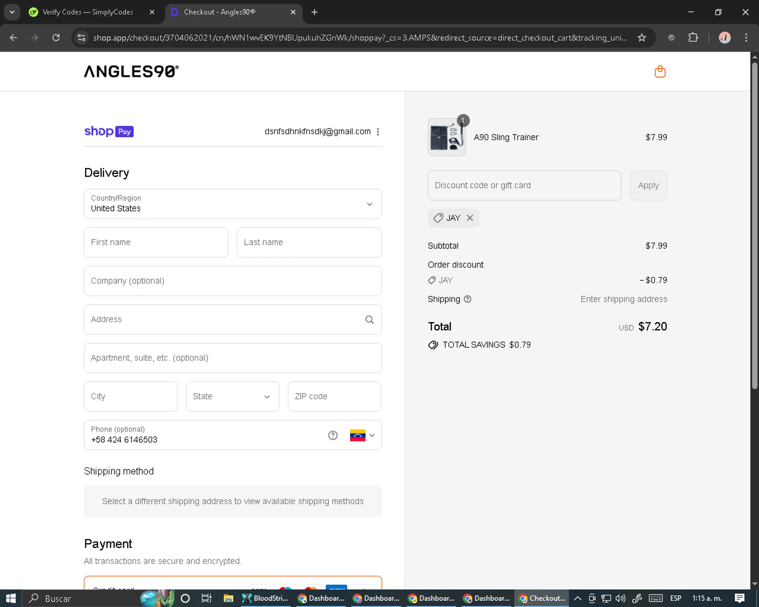 Angles90 discount code screenshot showing code JAY applied at Angles90 checkout page. Uploaded by SimplyCodes community member MoneyPilot9165 on Aug 18, 2025