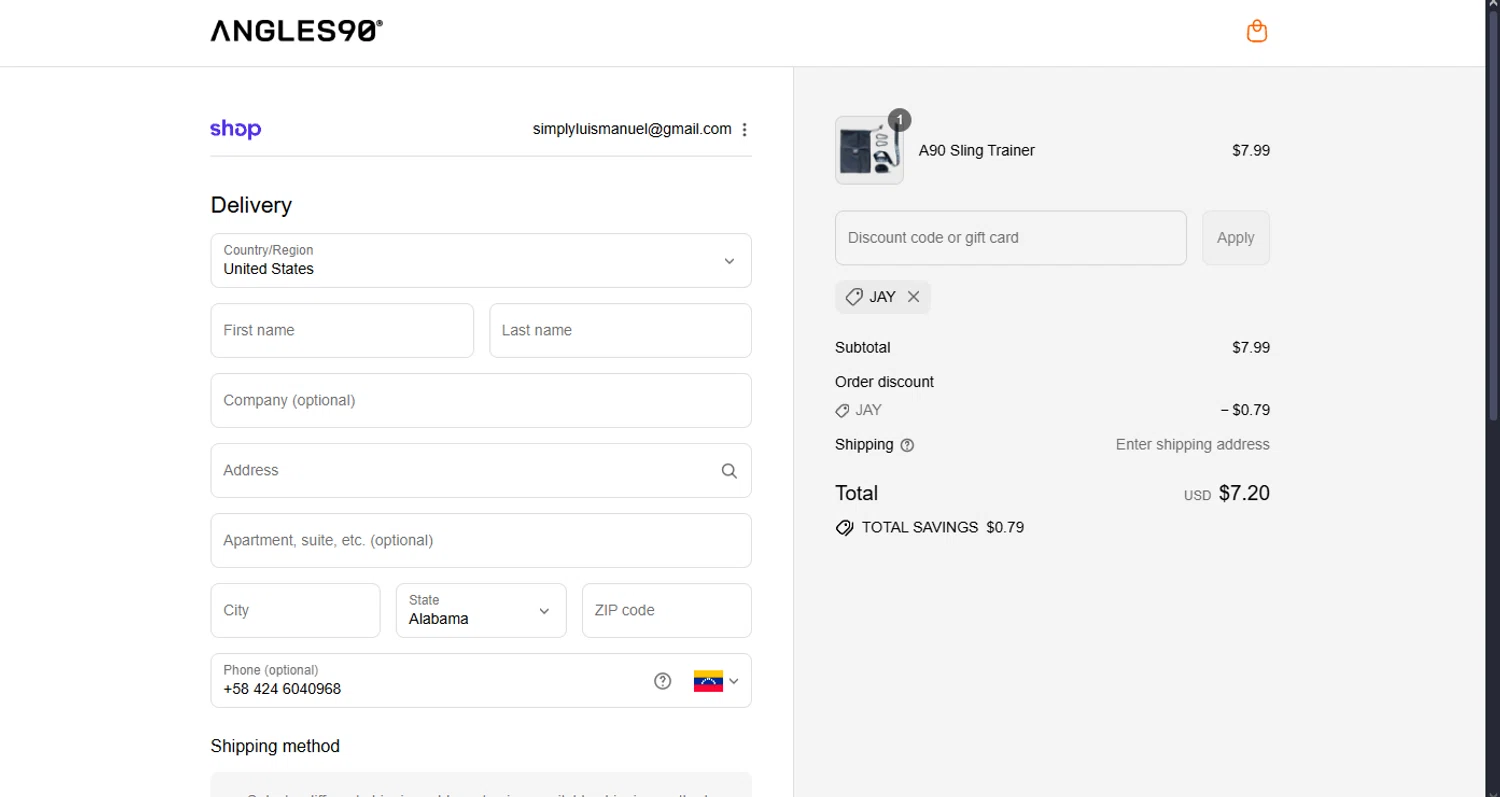 Angles90 discount code screenshot showing code JAY applied at Angles90 checkout page. Uploaded by SimplyCodes community member MoneyScout2554 on Aug 31, 2025